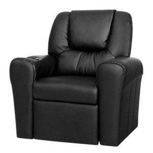 Keezi Kids Recliner Chair - Black PU Leather Lounge, 9cm Foam, Metal Frame, Built-in Drink Holder, 65x42x61cm