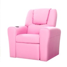 Keezi Kids Recliner Chair - Pink PU Leather Sofa with Cup Holder, Plush 9cm Cushion, Metal Frame, 65x42x61cm Armchair