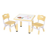 Keezi Kids Table and 2 Chairs Set Height Adjustable Graffiti Draw on Desktop Yellow for Ages 3-8 Play