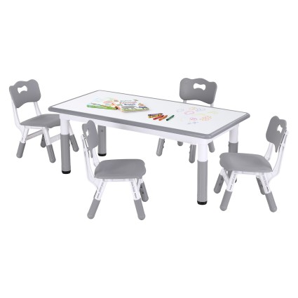 Keezi Kids Adjustable Table and 4 Chairs Set Height Adjustable Draw on Desktop Grey White 3+ yrs Comfortable