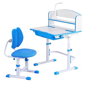 Keezi Ergonomic Kids Study Desk & Chair Set, Adjustable Height, Tiltable Desktop, LED Lamp, Blue, Durable Iron/MDF/PP