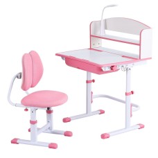 Keezi Kids Ergonomic Pink Study Desk & Chair Set with Adjustable Height, LED Lamp, Tiltable Table, Storage Drawer