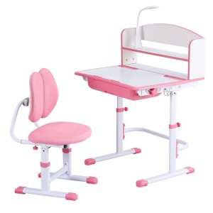 Keezi Kids Ergonomic Pink Study Desk & Chair Set with Adjustable Height, LED Lamp, Tiltable Table, Storage Drawer