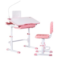 Keezi Adjustable Kids Study Desk & Chair Set with LED Lamp, Pink - Ergonomic Design, MDF & PP Material, Ages 3+