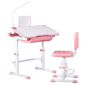 Keezi Adjustable Kids Study Desk & Chair Set with LED Lamp, Pink - Ergonomic Design, MDF & PP Material, Ages 3+