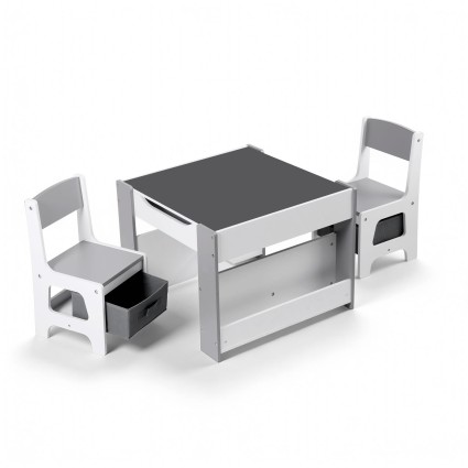 Keezi 4-in-1 Kids Wooden Activity Table Set with Storage, Reversible Blackboard/Whiteboard, 2 Grey Ergonomic Chairs