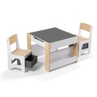 Keezi 4-in-1 Kids Table Set: Natural Wood Activity Table w/ Bookcase, Storage & Reversible Blackboard/Whiteboard