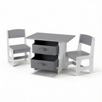 Keezi Kids Wooden Table & 2 Chairs Set with Storage Drawers - MDF, Grey, Ideal for Drawing, Reading, Crafts & More