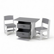Keezi Kids Wooden Table & 2 Chairs Set with Storage Drawers - MDF, Grey, Ideal for Drawing, Reading, Crafts & More