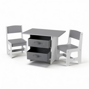 Keezi Kids Wooden Table & 2 Chairs Set with Storage Drawers - MDF, Grey, Ideal for Drawing, Reading, Crafts & More