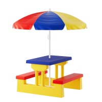 Keezi Kids Outdoor Table & Chairs Set with Adjustable Umbrella, Multicoloured Plastic, for Ages 3-6, Indoor/Outdoor Fun