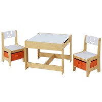 Keezi 3PCS Kids Table and Chairs Set with Chalkboard, Hidden Storage, Eco-Friendly MDF, White/Natural, Ages 3+