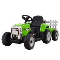 Rigo 12V Green Kids Electric Ride On Tractor with Detachable Trailer, LED Lights, Music, Safety Belt, and Keyless Start