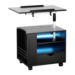 Artiss Tala Smart Bedside Table with USB, LED Lights, Adjustable Laptop Tray, Storage Shelves, Black MDF, 50x40x46-90cm