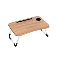 Artiss Foldable Laptop Desk Table 60x40cm Oak MDF, Portable Adjustable Lap Tray with Cup Holder and Device Slot