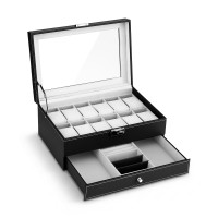 Embellir 12 Grids Faux Leather Watch Box Organiser - 2-Tier Jewellery Storage with Glass Lid, Suede Lining, 30x20x13cm