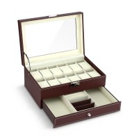 Embellir 12 Grids Watch Box Organiser | Two-Tier Faux Leather Jewellery Display Case with Glass Lid & Pull-Out Drawer