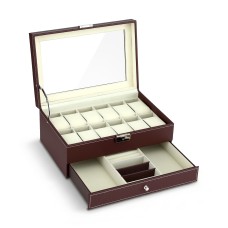 Embellir 12 Grids Watch Box Organiser | Two-Tier Faux Leather Jewellery Display Case with Glass Lid & Pull-Out Drawer