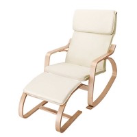 Artiss Bentwood Rocking Armchair Set with Footstool - 100% Cotton Beige Fabric, Durable Birch, High-Density Foam