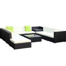 Gardeon 11PC Outdoor Furniture Set - UV-Resistant Wicker Sofa with Removable Covers, Tempered Glass Table, Storage Cover