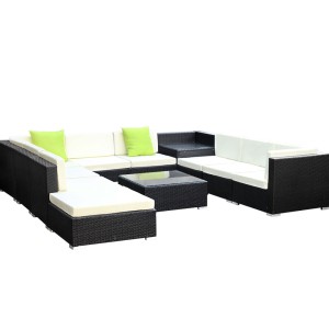 Gardeon 11PC Outdoor Furniture Set - UV-Resistant Wicker Sofa with Removable Covers, Tempered Glass Table, Storage Cover