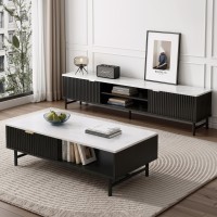 Artiss Kaisu TV Unit and Marble Effect Coffee Table Set Black Metal Frame Storage Shelves Cable Management