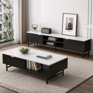 Artiss Kaisu TV Unit and Marble Effect Coffee Table Set Black Metal Frame Storage Shelves Cable Management