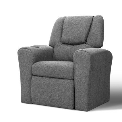 Keezi Kids Recliner Chair - Grey Linen Fabric, 65x42x61cm, Plush 9cm Foam, Built-in Cup Holder, Sturdy Metal Frame