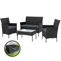 Gardeon 4 Seater Outdoor Sofa Set - Black Rattan, Steel Frame, Tempered Glass Table, Cushions, Storage Cover Included