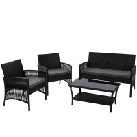 Gardeon 4PCS Black Wicker Outdoor Sofa Set with Harp Design, Cushions & Table - UV-Resistant, Indoor/Outdoor Use