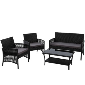 Gardeon 4PCS Black Wicker Outdoor Sofa Set with Harp Design, Cushions & Table - UV-Resistant, Indoor/Outdoor Use