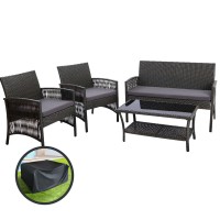 Gardeon 4PCS Outdoor Rattan Sofa Set - PE Wicker, Steel Frame, Dark Grey, with Storage Cover & Tempered Glass Table