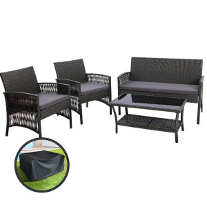 Gardeon 4PCS Outdoor Rattan Sofa Set - PE Wicker, Steel Frame, Dark Grey, with Storage Cover & Tempered Glass Table