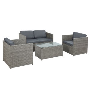 Gardeon 4-Piece Outdoor Sofa Set - Grey Wicker Lounge with Cushions, UV-Resistant, Steel Frame, Tempered Glass Table