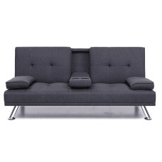 Artiss 3-Seater Sofa Bed, Faux Linen, 175CM, Dark Grey, Space-Saving, Adjustable Recline, Cup Holders, Modern Design