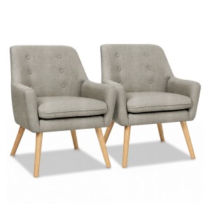 Artiss Anne 2X Beige Armchair Set: Retro Tub Chair with Faux Linen, Tufted Back, Thick Foam, and Rubber Wood Legs