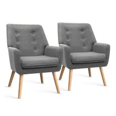 Artiss Anne Grey Armchair Set of 2 - Faux Linen, Full-Size, Tufted Design, Thick Foam, Rubber Wood Legs, 130kg Capacity