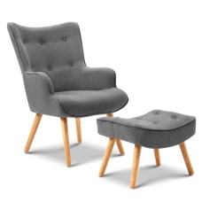 Artiss Armchair Set with Ottoman, Faux Linen, Grey, 58x52x85cm, Scandinavian Style, Tufted Design, Rubber Wood Legs