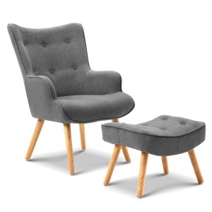 Artiss Armchair Set with Ottoman, Faux Linen, Grey, 58x52x85cm, Scandinavian Style, Tufted Design, Rubber Wood Legs