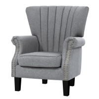 Artiss Armchair, Faux Linen Wingback, Full-Size, Grey, 76x75x93cm - Timeless Design with Button Studs & Comfort Padding