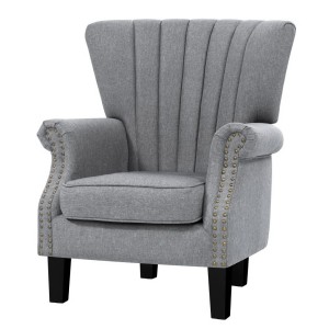 Artiss Armchair, Faux Linen Wingback, Full-Size, Grey, 76x75x93cm - Timeless Design with Button Studs & Comfort Padding