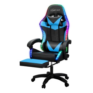 Artiss 6-Point Massage Gaming Office Chair Cyan Blue, PU Leather, 7 LED Colours, Reclining, Footrest, 150kg Capacity