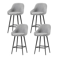 Artiss 4x Bar Stools Linen Upholstered, 60cm Counter Height, Curved Wing Backrest, Metal Legs, Grey/Black, Set of 4