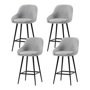 Artiss 4x Bar Stools Linen Upholstered, 60cm Counter Height, Curved Wing Backrest, Metal Legs, Grey/Black, Set of 4