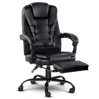 Artiss 2-Point Massage Office Chair, Black PU Leather Recliner with Adjustable Footrest, 360° Swivel, Up to 150° Recline