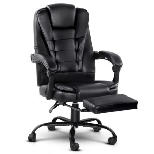Artiss 2-Point Massage Office Chair, Black PU Leather Recliner with Adjustable Footrest, 360° Swivel, Up to 150° Recline