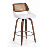 Artiss Wooden Swivel Bar Stool 60cm Seat Height White PU Rattan Backrest Plywood Legs Modern Design 360°