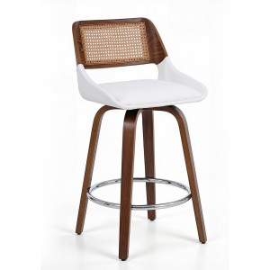 Artiss Wooden Swivel Bar Stool 60cm Seat Height White PU Rattan Backrest Plywood Legs Modern Design 360°
