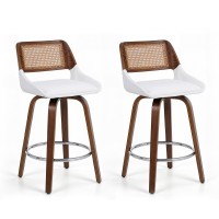 Artiss Wooden Swivel Bar Stools Set of 2 60cm Seat Height White PU Rattan Backrest Plywood Legs 2 Pack