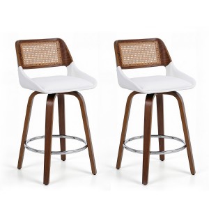 Artiss Wooden Swivel Bar Stools Set of 2 60cm Seat Height White PU Rattan Backrest Plywood Legs 2 Pack